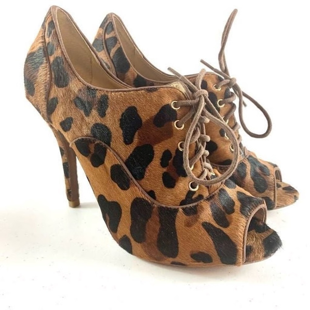 Schutz Heels Women’s Brown Pony Hair Lace Up Peep Toe Animal Print Ladies 5